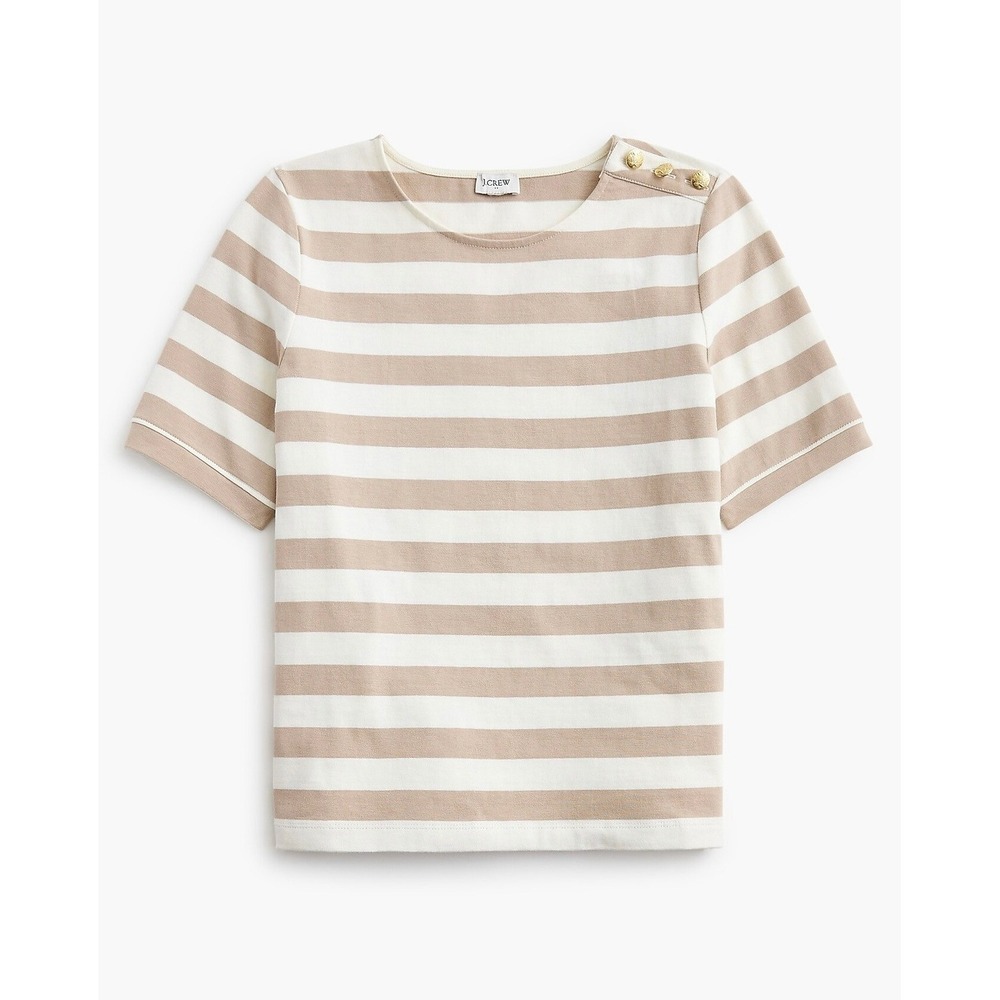 J.Crew Womens XL‎ Striped Short Sleeve Boatneck Top Gold Button Shoulder Beige
